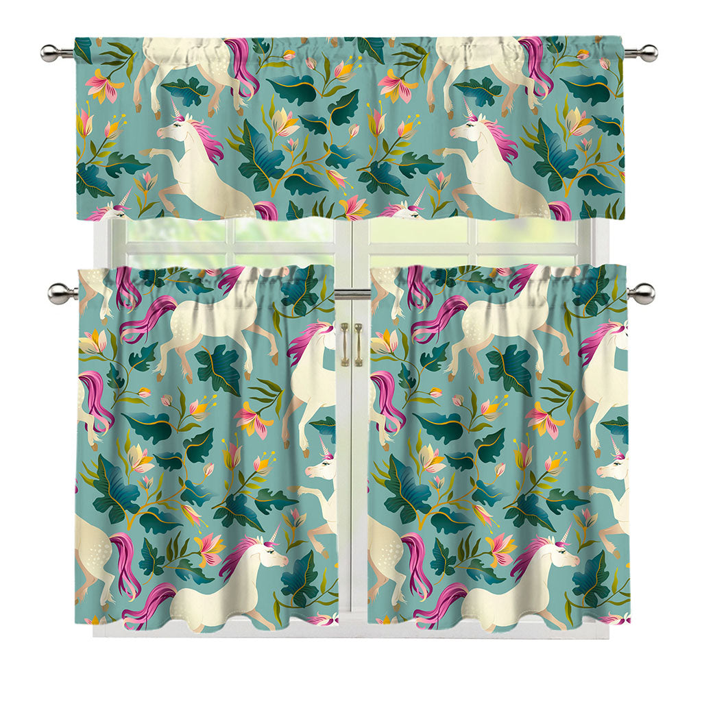 Floral Unicorn Pattern Print 3 Piece Kitchen Curtains