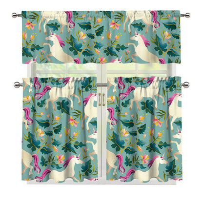 Floral Unicorn Pattern Print 3 Piece Kitchen Curtains