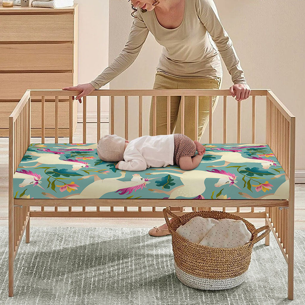 Floral Unicorn Pattern Print Baby Crib Sheet
