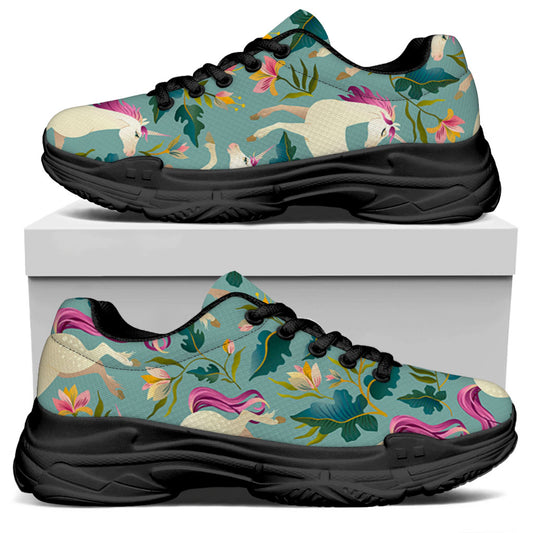 Floral Unicorn Pattern Print Black Chunky Shoes