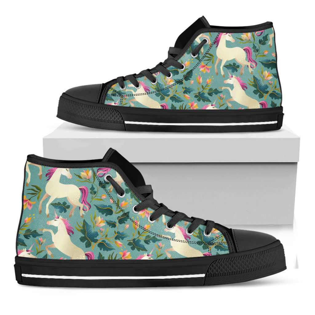 Floral Unicorn Pattern Print Black High Top Sneakers