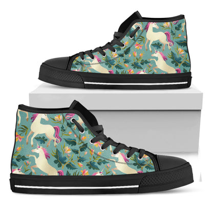 Floral Unicorn Pattern Print Black High Top Sneakers