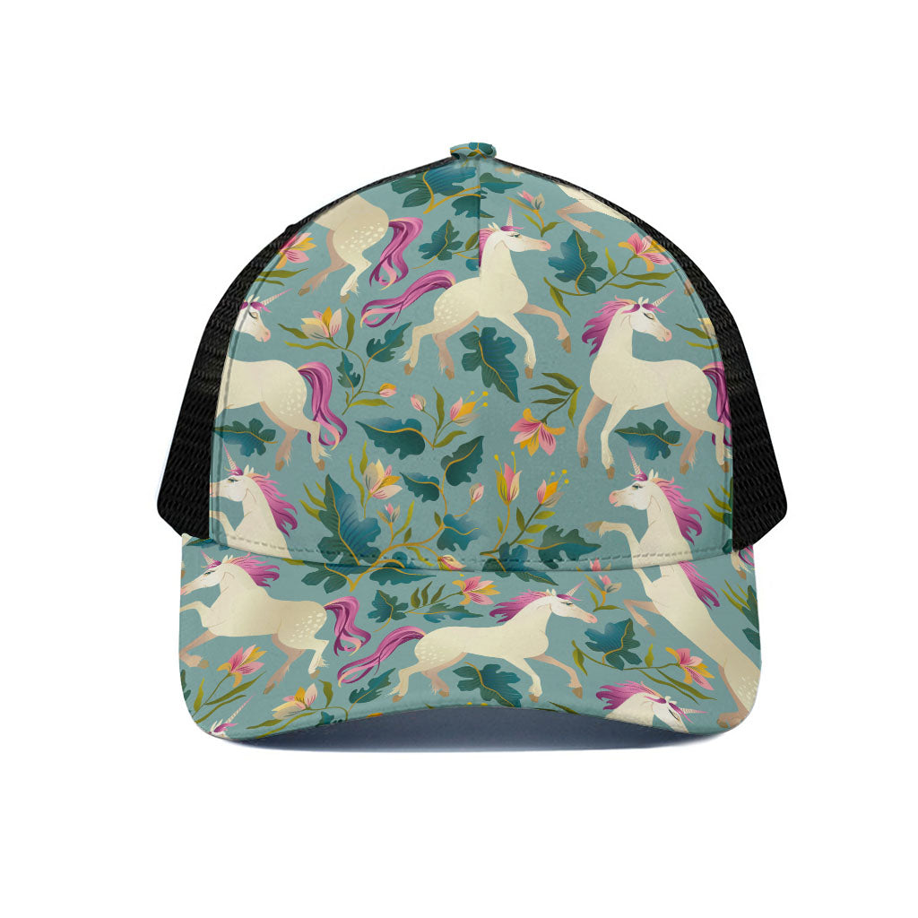 Floral Unicorn Pattern Print Black Mesh Trucker Cap