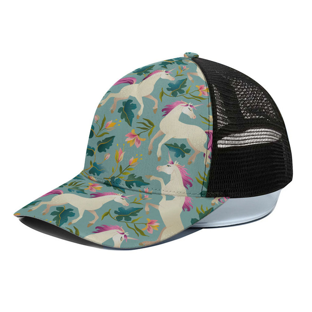 Floral Unicorn Pattern Print Black Mesh Trucker Cap