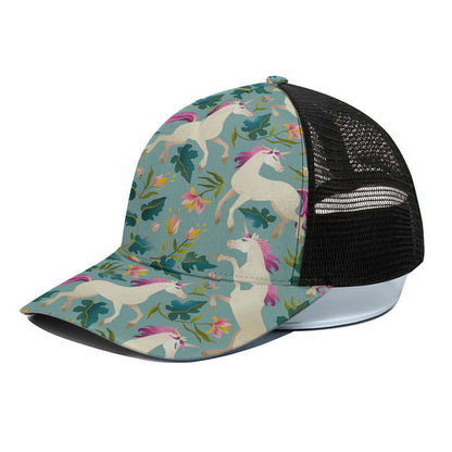 Floral Unicorn Pattern Print Black Mesh Trucker Cap