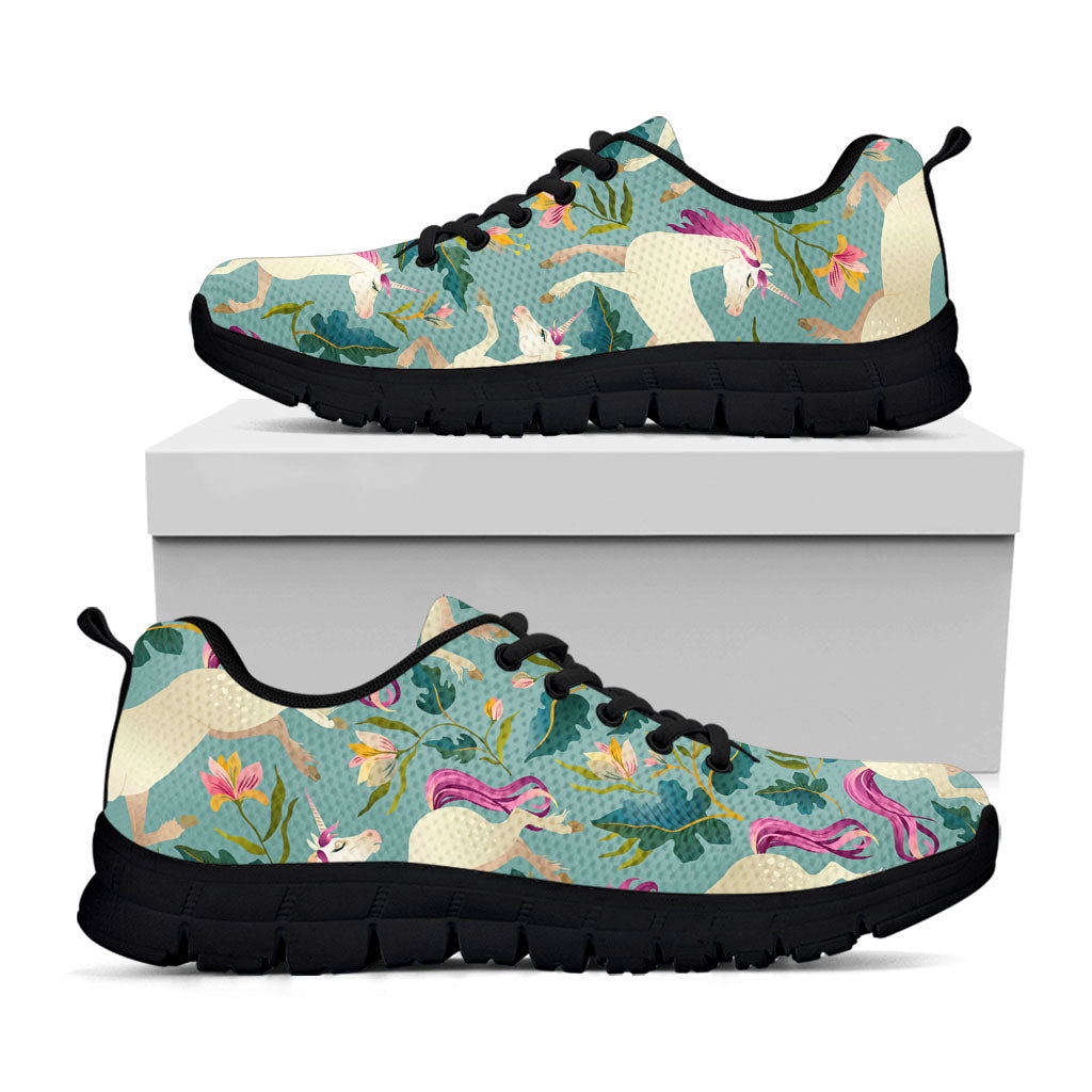 Floral Unicorn Pattern Print Black Running Shoes