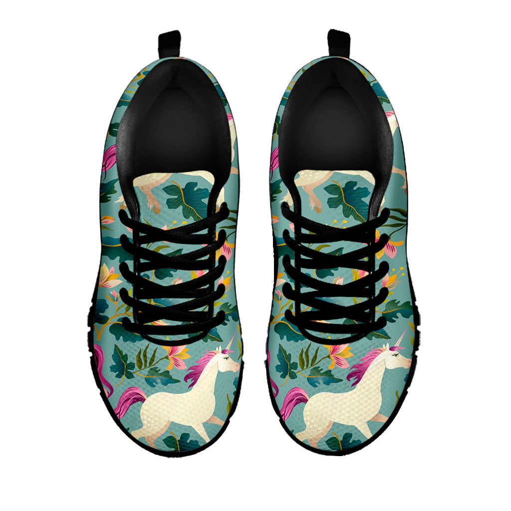 Floral Unicorn Pattern Print Black Running Shoes