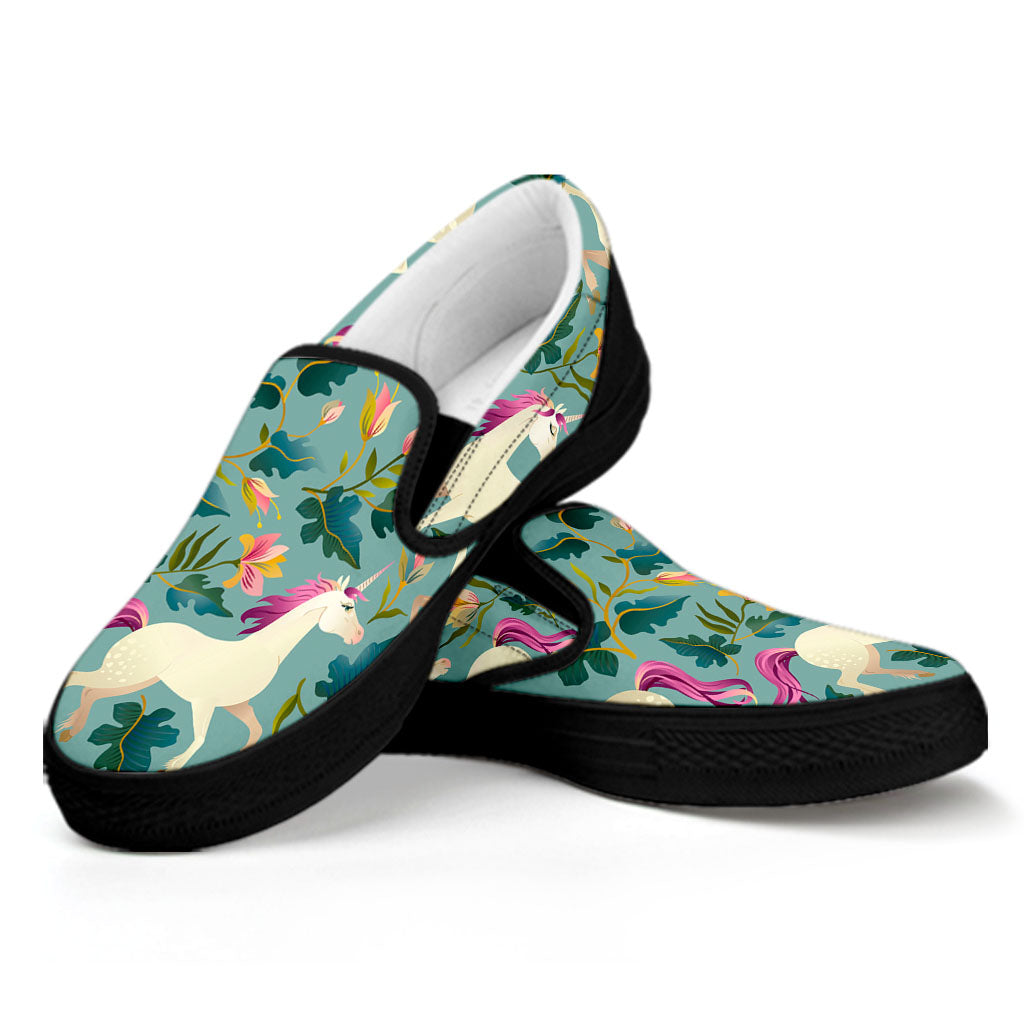 Floral Unicorn Pattern Print Black Slip On Sneakers