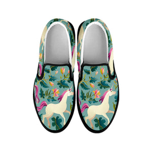 Floral Unicorn Pattern Print Black Slip On Sneakers