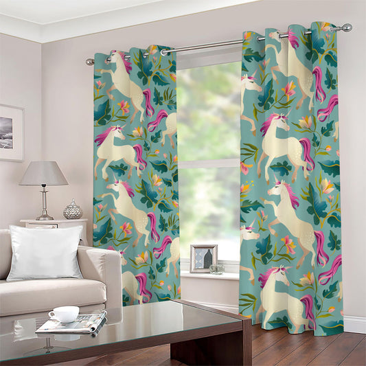 Floral Unicorn Pattern Print Blackout Grommet Curtains