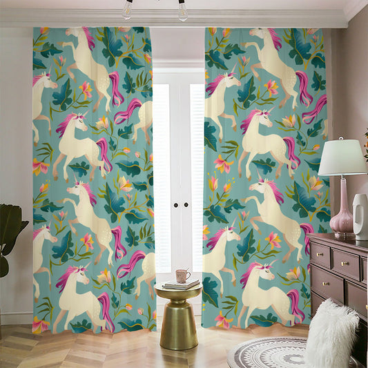 Floral Unicorn Pattern Print Blackout Pencil Pleat Curtains