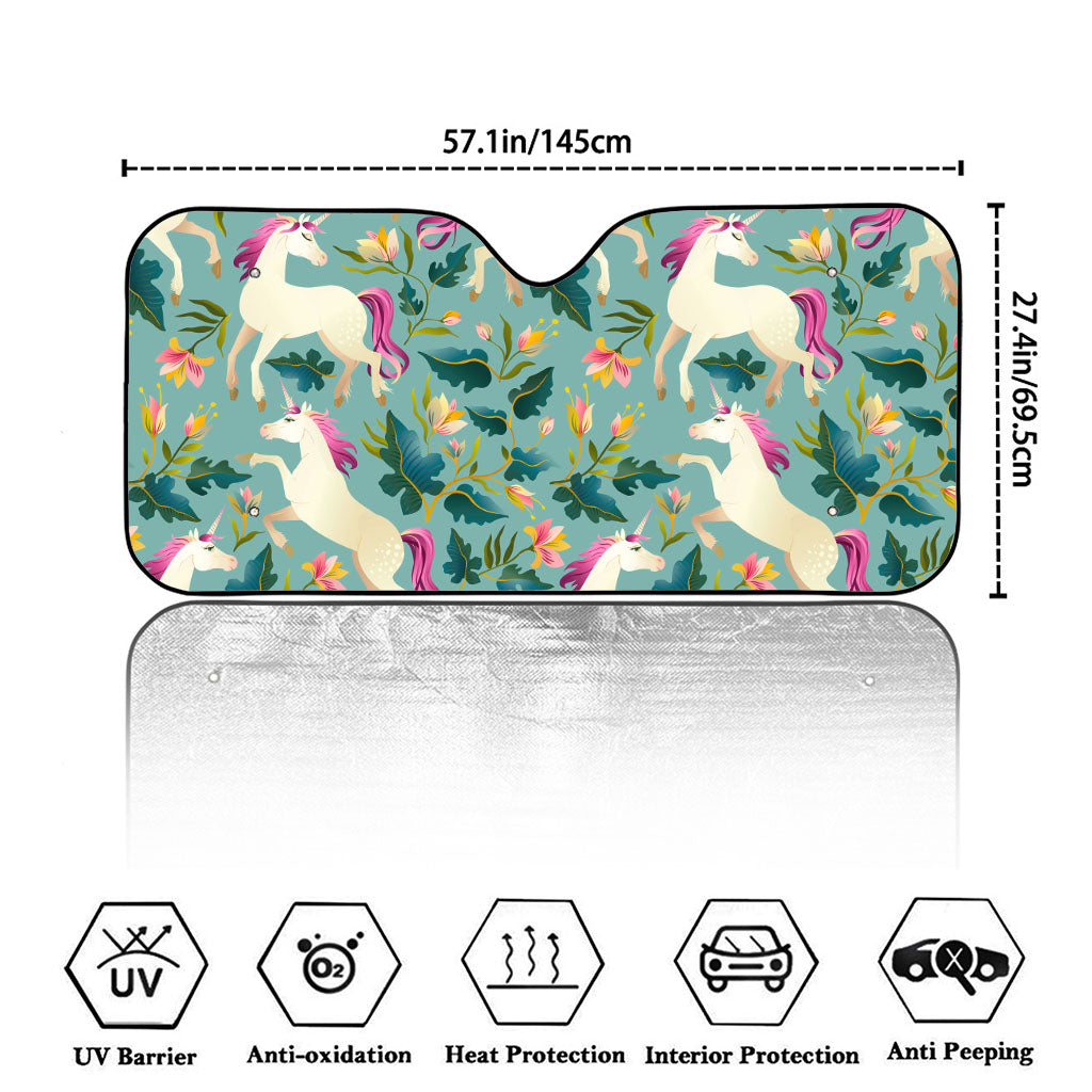 Floral Unicorn Pattern Print Car Windshield Sun Shade