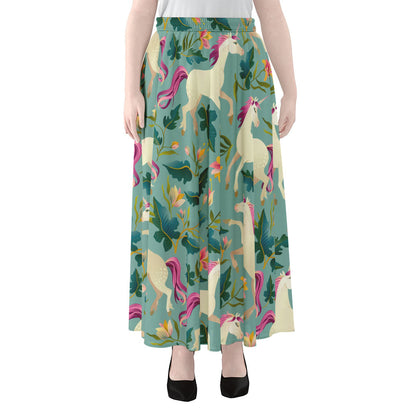 Floral Unicorn Pattern Print Chiffon Maxi Skirt