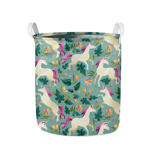 Floral Unicorn Pattern Print Collapsible Laundry Basket
