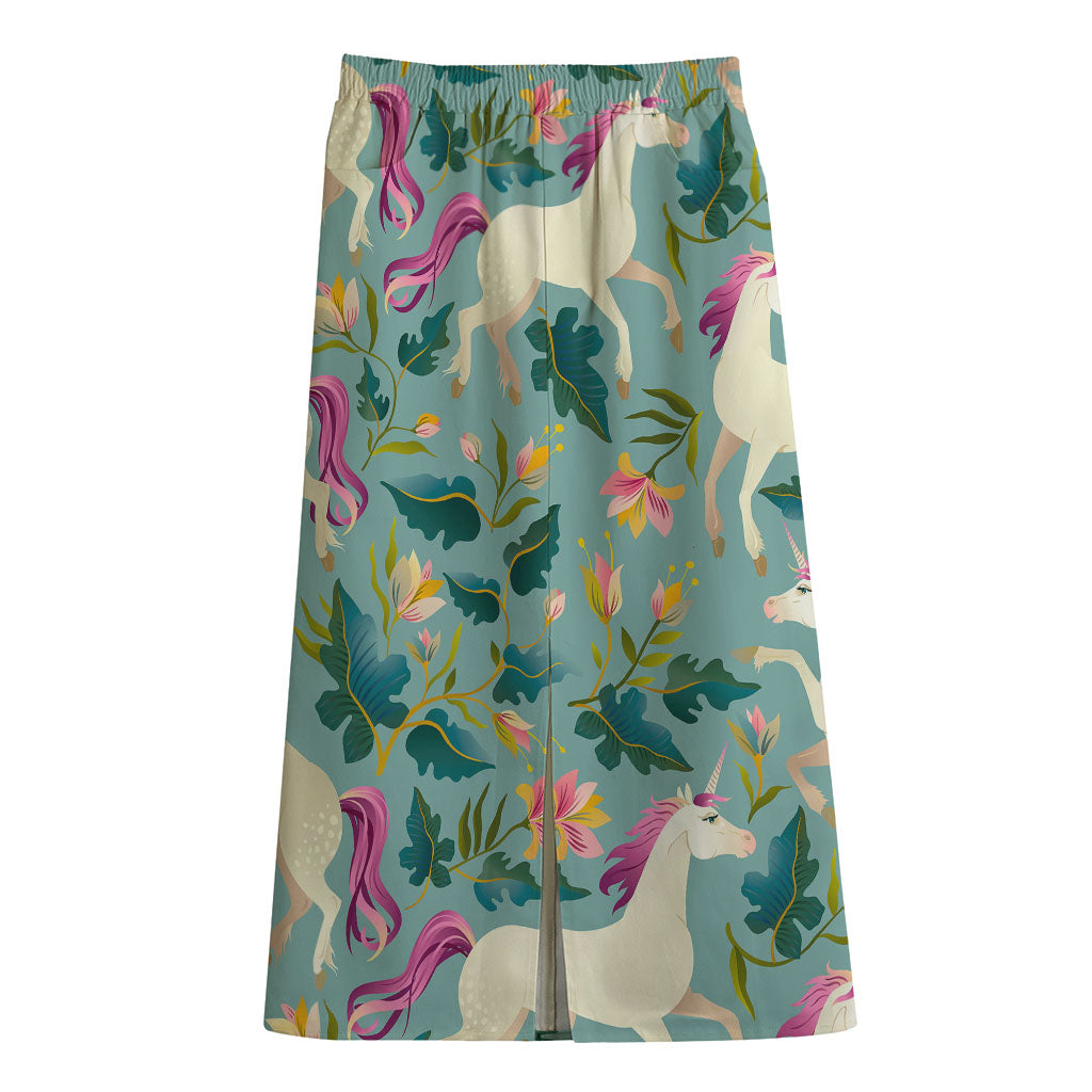Floral Unicorn Pattern Print Cotton Front Slit Maxi Skirt