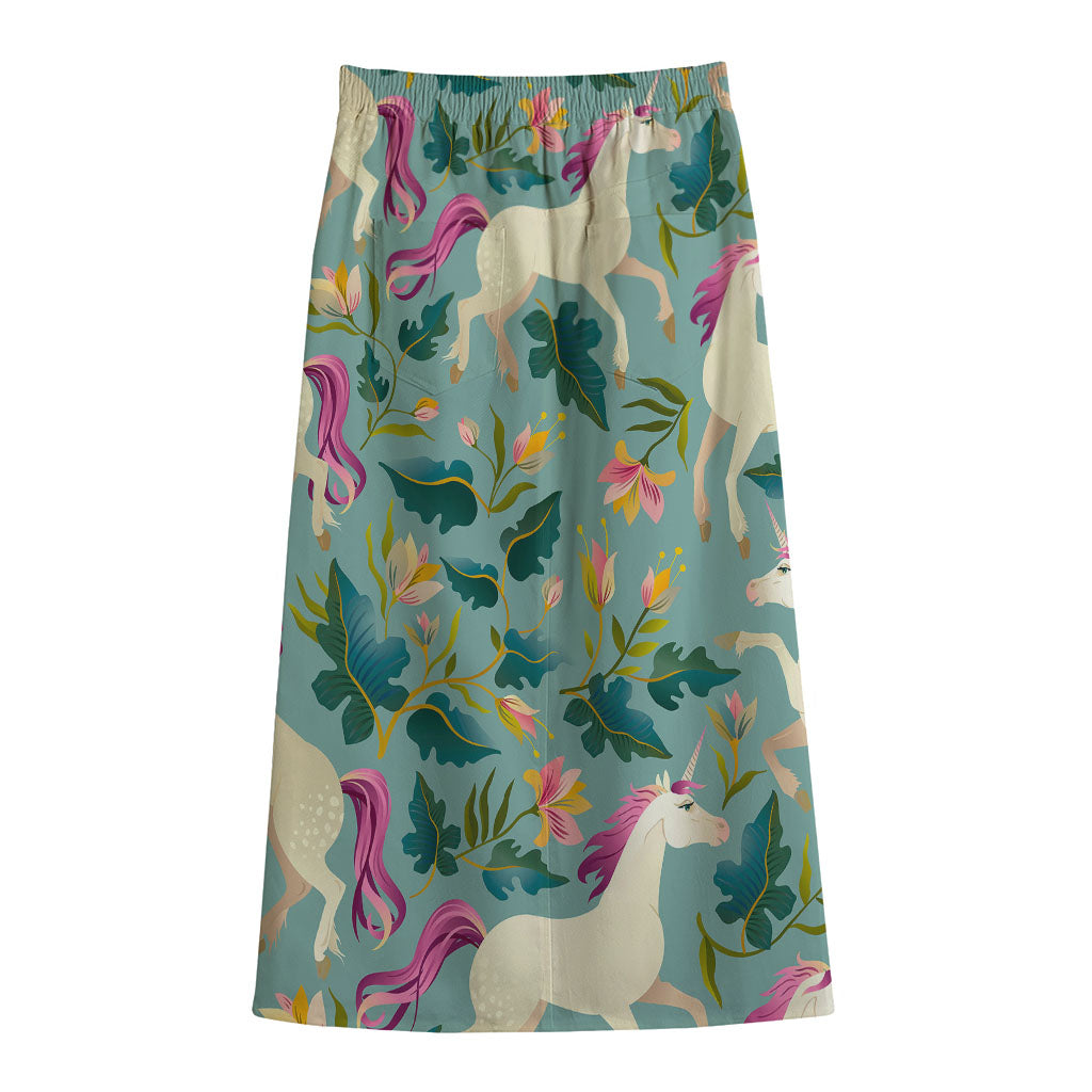 Floral Unicorn Pattern Print Cotton Front Slit Maxi Skirt