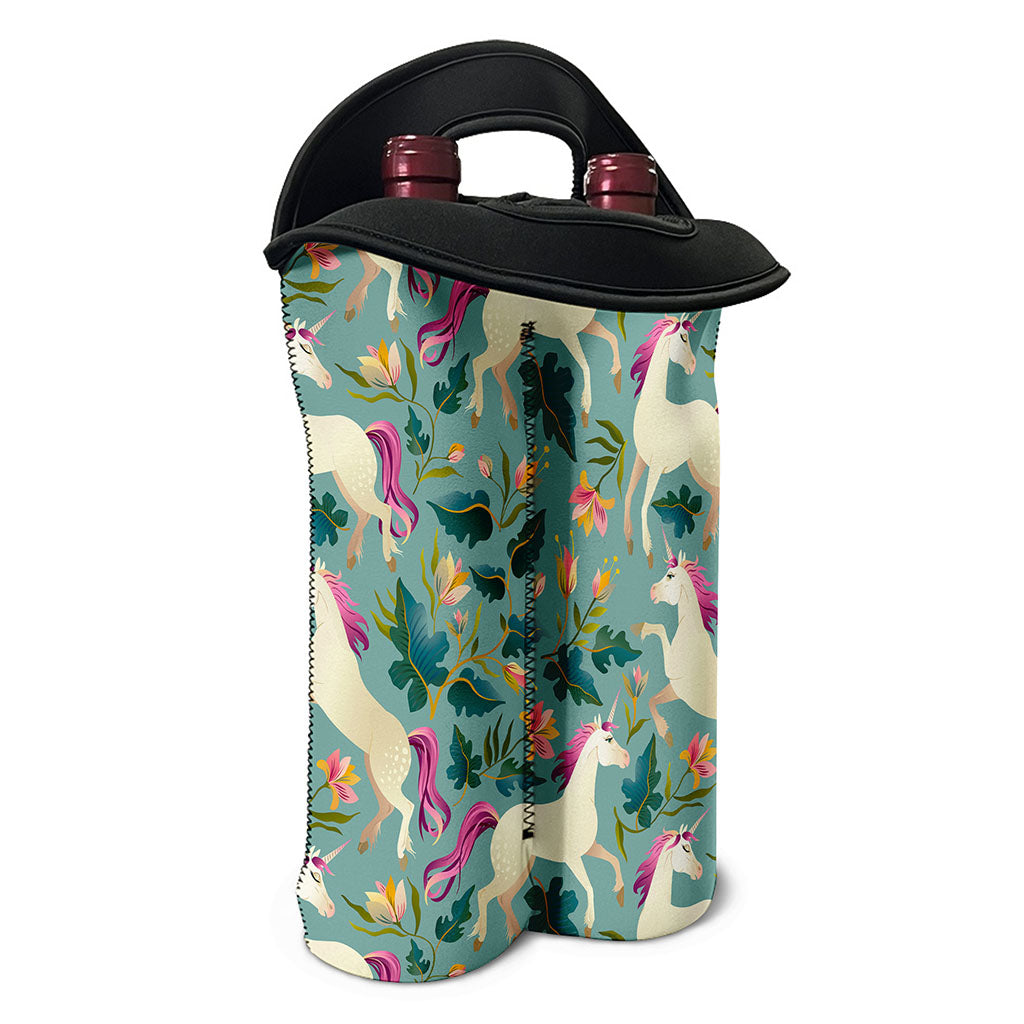 Floral Unicorn Pattern Print Double Neoprene Wine Tote