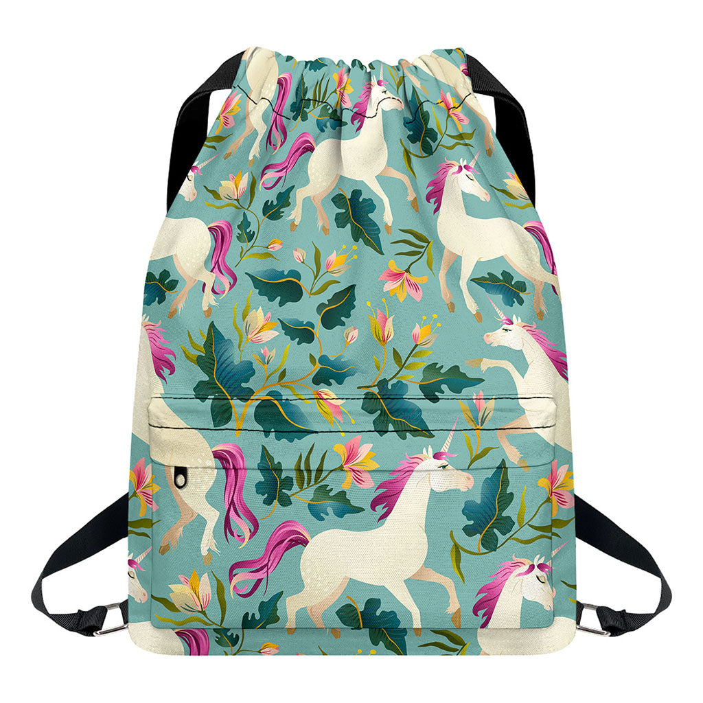 Floral Unicorn Pattern Print Drawstring Backpack