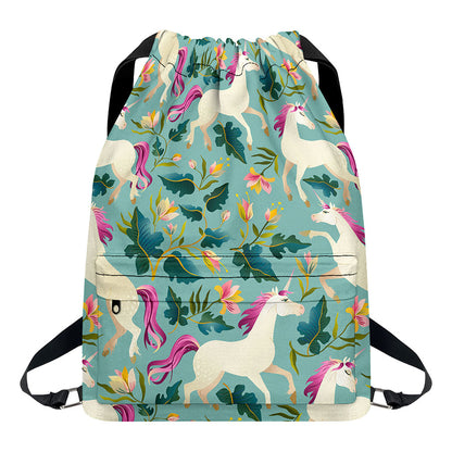 Floral Unicorn Pattern Print Drawstring Backpack