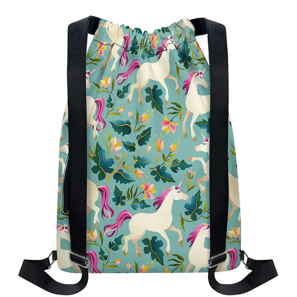 Floral Unicorn Pattern Print Drawstring Backpack