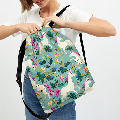 Floral Unicorn Pattern Print Drawstring Backpack