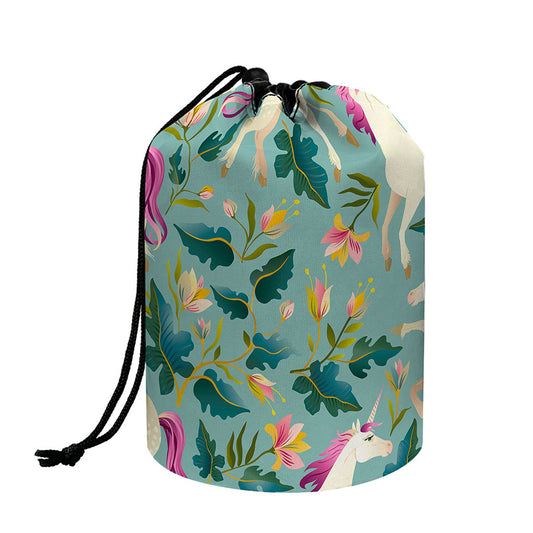 Floral Unicorn Pattern Print Drawstring Makeup Bag