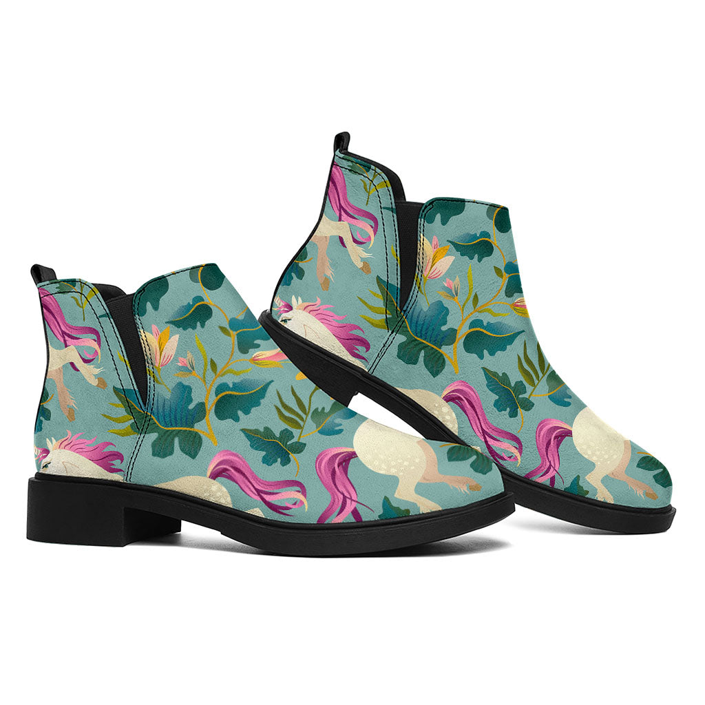 Floral Unicorn Pattern Print Flat Ankle Boots