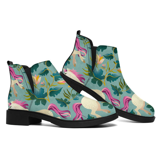 Floral Unicorn Pattern Print Flat Ankle Boots