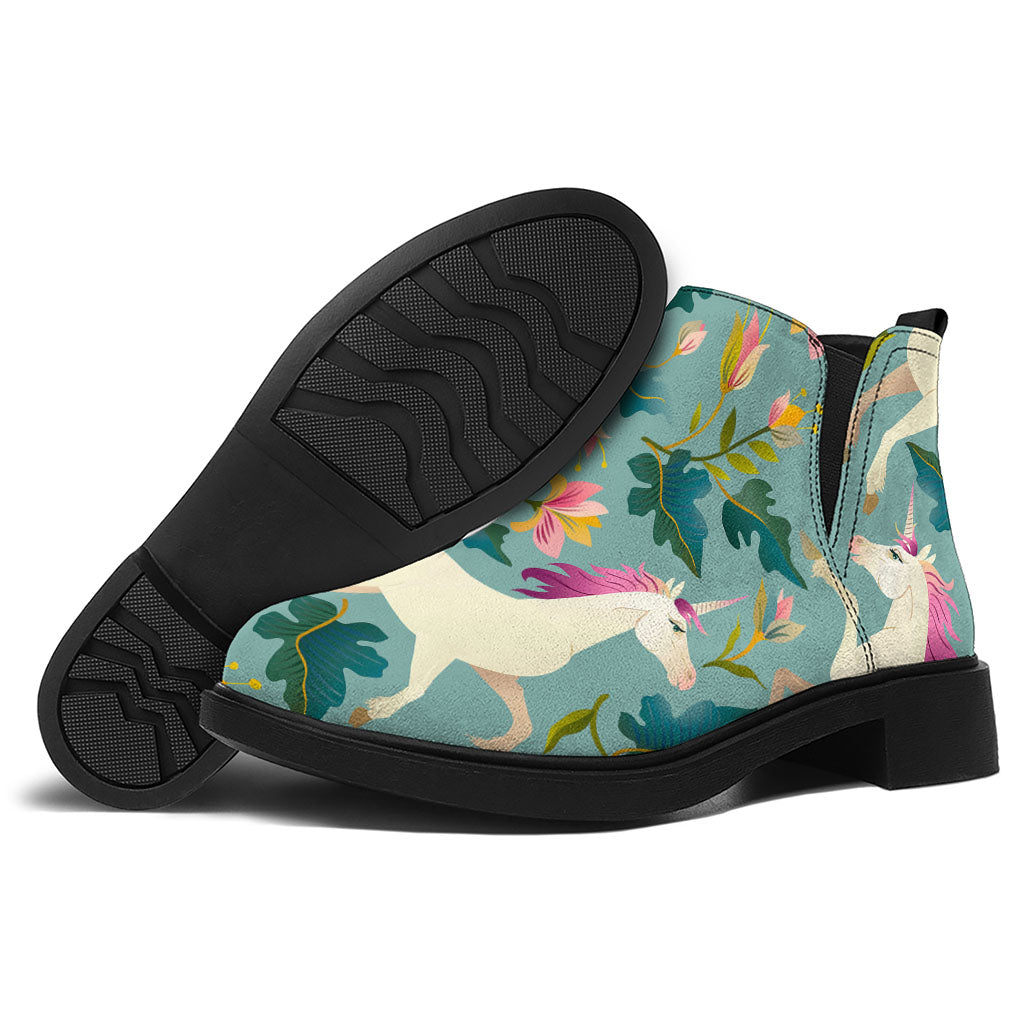 Floral Unicorn Pattern Print Flat Ankle Boots