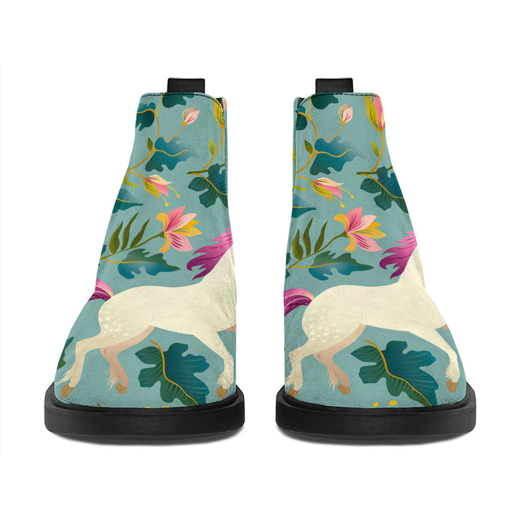 Floral Unicorn Pattern Print Flat Ankle Boots
