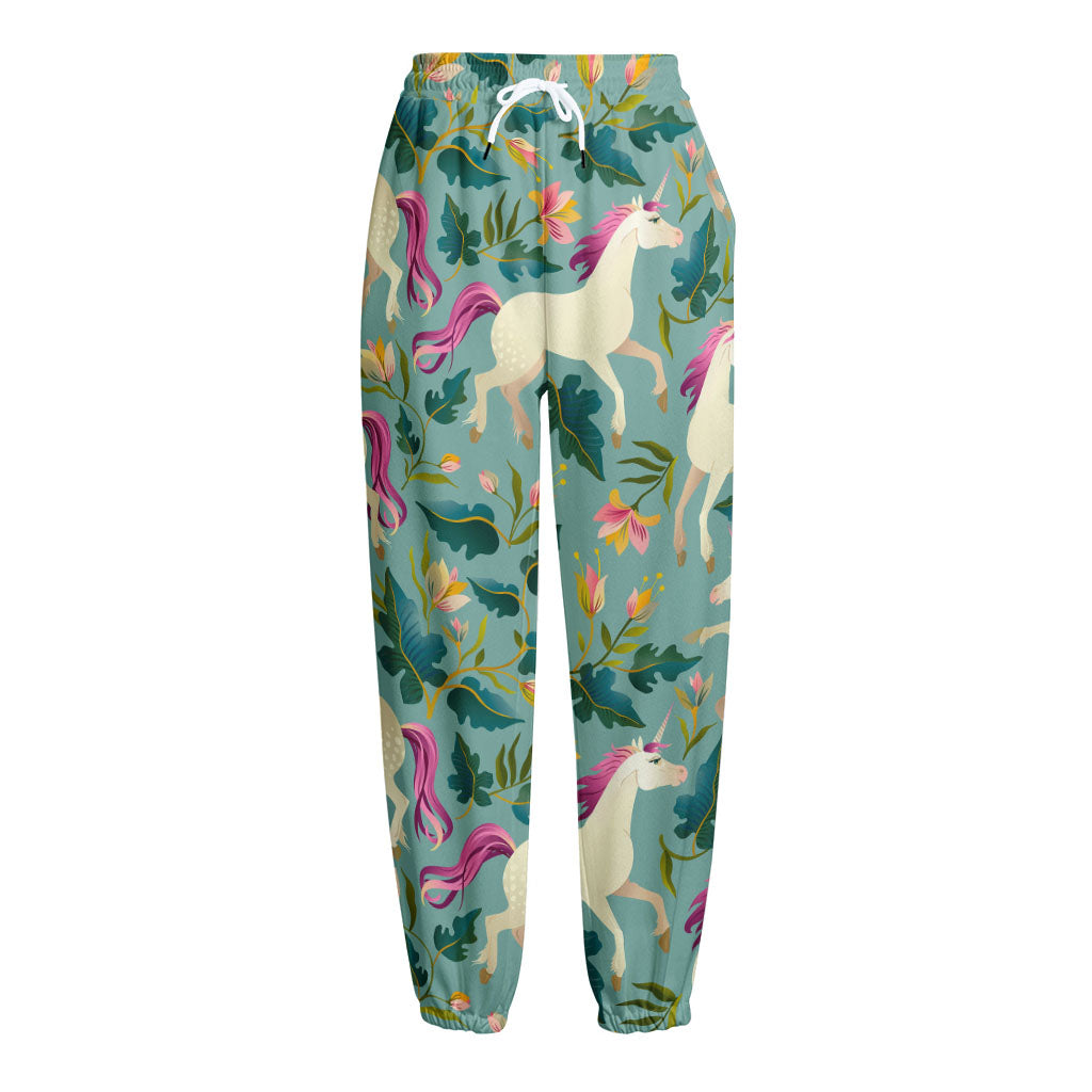 Floral Unicorn Pattern Print Fleece Lined Knit Pants