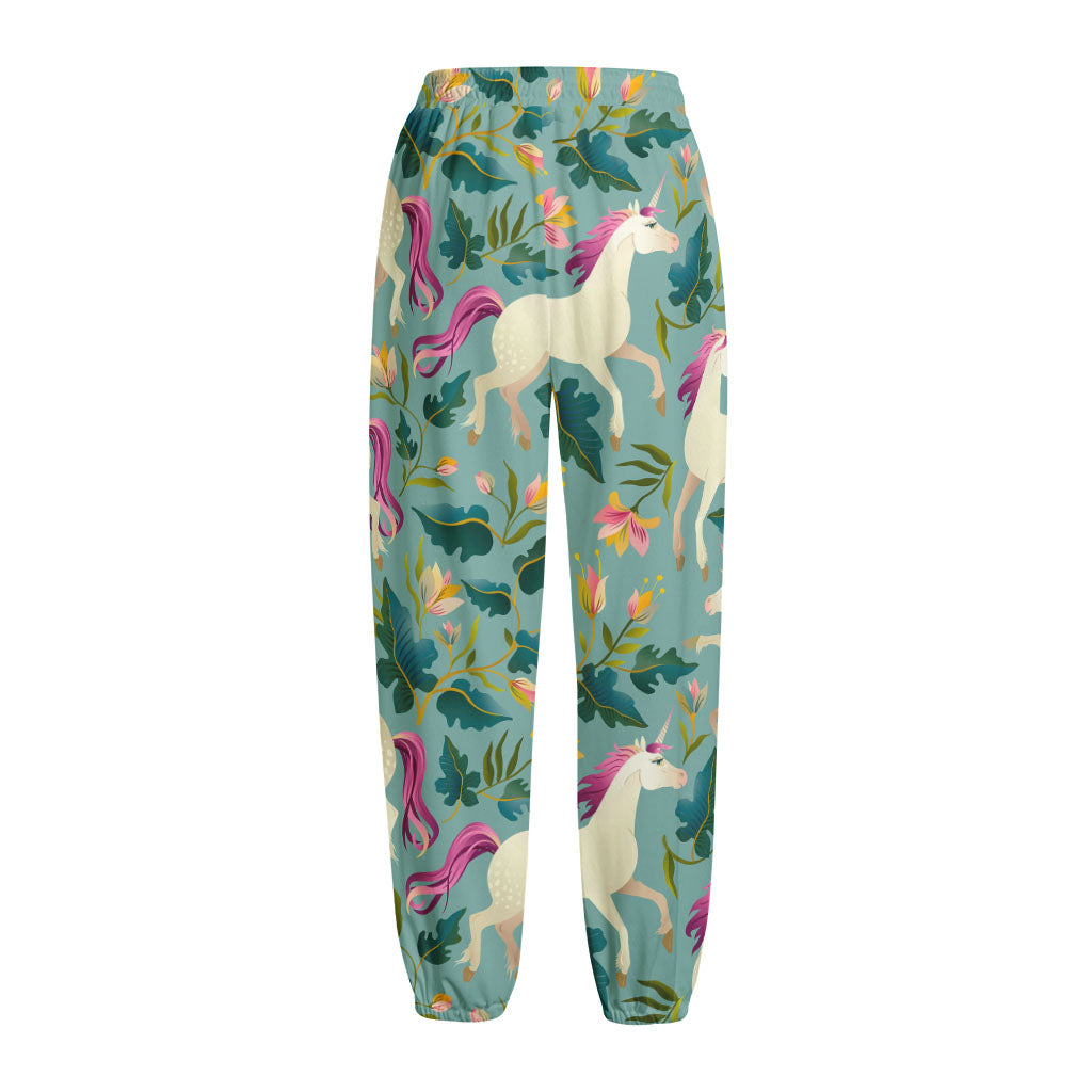 Floral Unicorn Pattern Print Fleece Lined Knit Pants