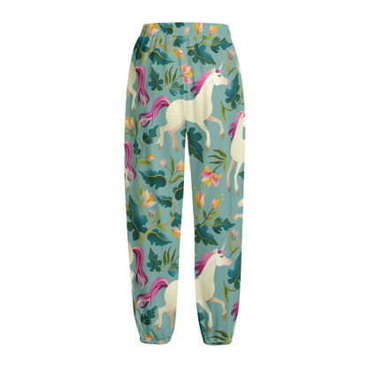 Floral Unicorn Pattern Print Fleece Lined Knit Pants