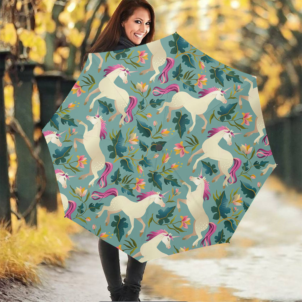 Floral Unicorn Pattern Print Foldable Umbrella