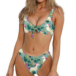 Floral Unicorn Pattern Print Front Bow Tie Bikini