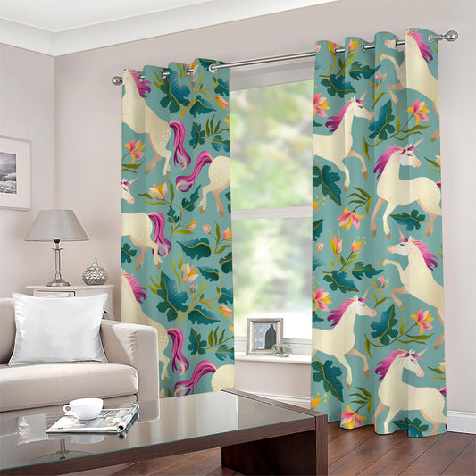 Floral Unicorn Pattern Print Grommet Curtains