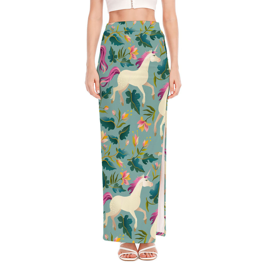 Floral Unicorn Pattern Print High Slit Maxi Skirt