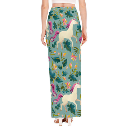 Floral Unicorn Pattern Print High Slit Maxi Skirt
