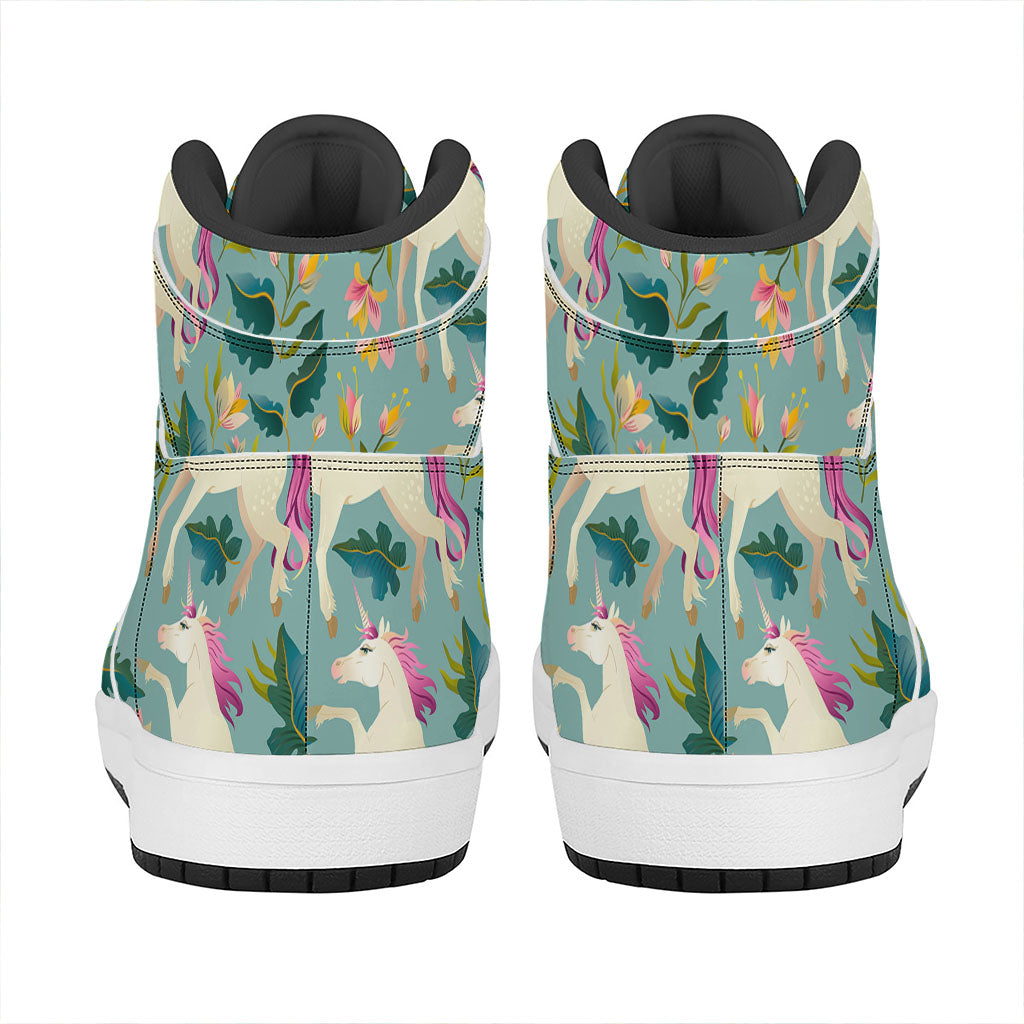 Floral Unicorn Pattern Print High Top Leather Sneakers