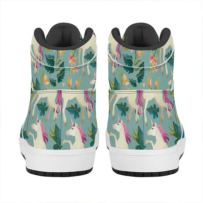 Floral Unicorn Pattern Print High Top Leather Sneakers
