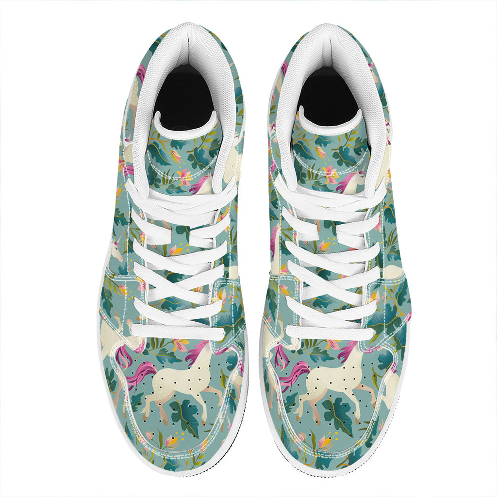 Floral Unicorn Pattern Print High Top Leather Sneakers