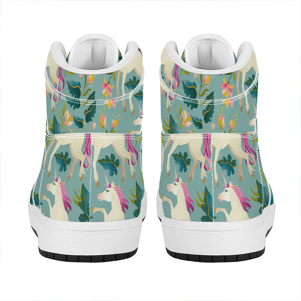Floral Unicorn Pattern Print High Top Leather Sneakers