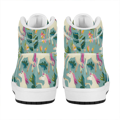 Floral Unicorn Pattern Print High Top Leather Sneakers