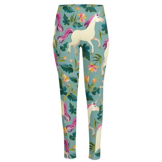 Floral Unicorn Pattern Print High-Waisted Pocket Leggings