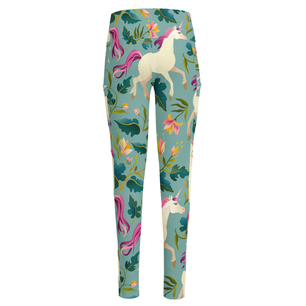 Floral Unicorn Pattern Print High-Waisted Pocket Leggings