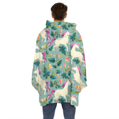 Floral Unicorn Pattern Print Hoodie Blanket