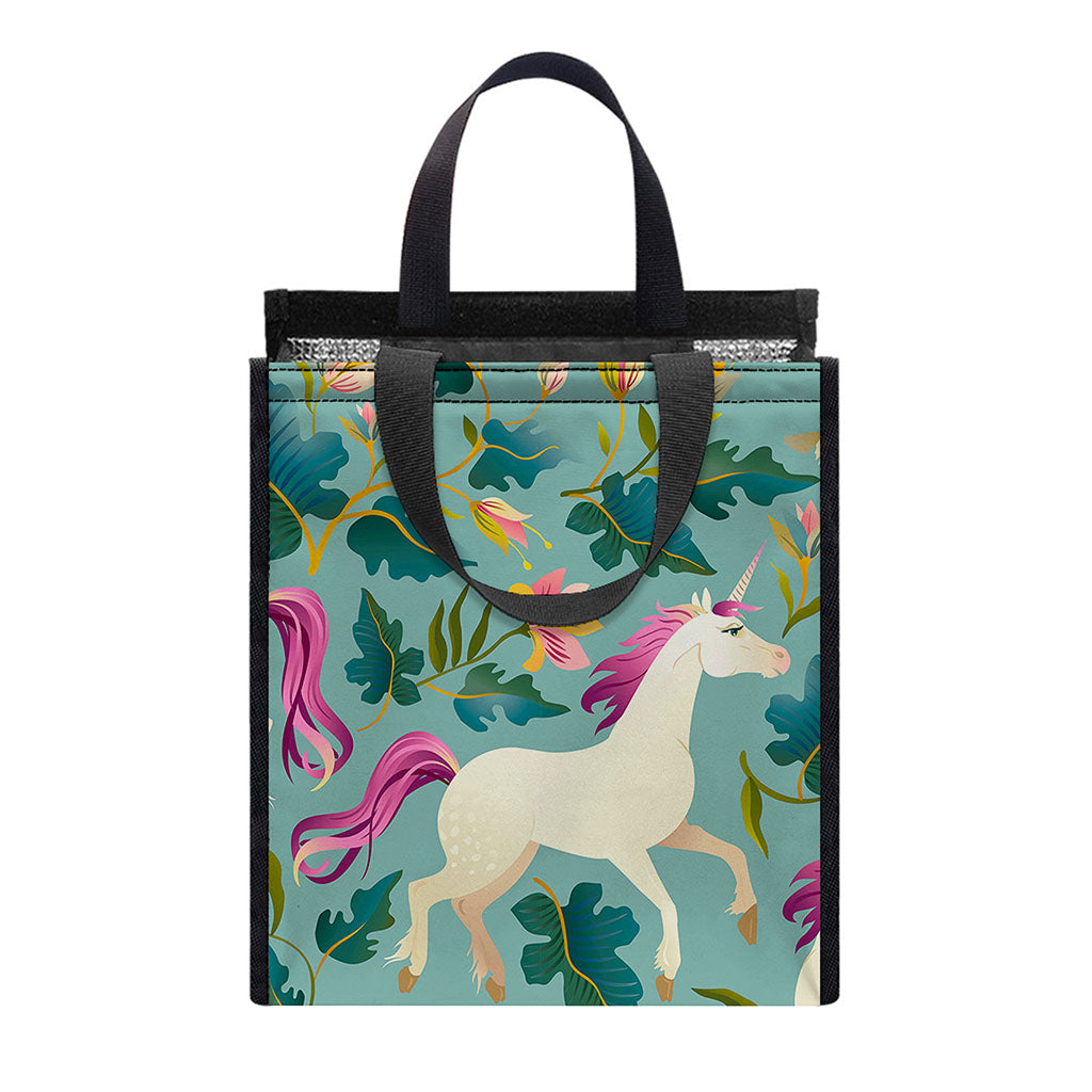 Floral Unicorn Pattern Print Insulated Lunch Tote
