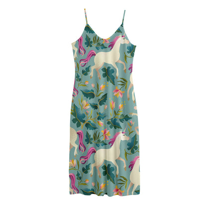 Floral Unicorn Pattern Print Jersey Midi Cami Dress