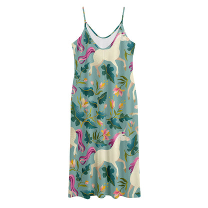 Floral Unicorn Pattern Print Jersey Midi Cami Dress