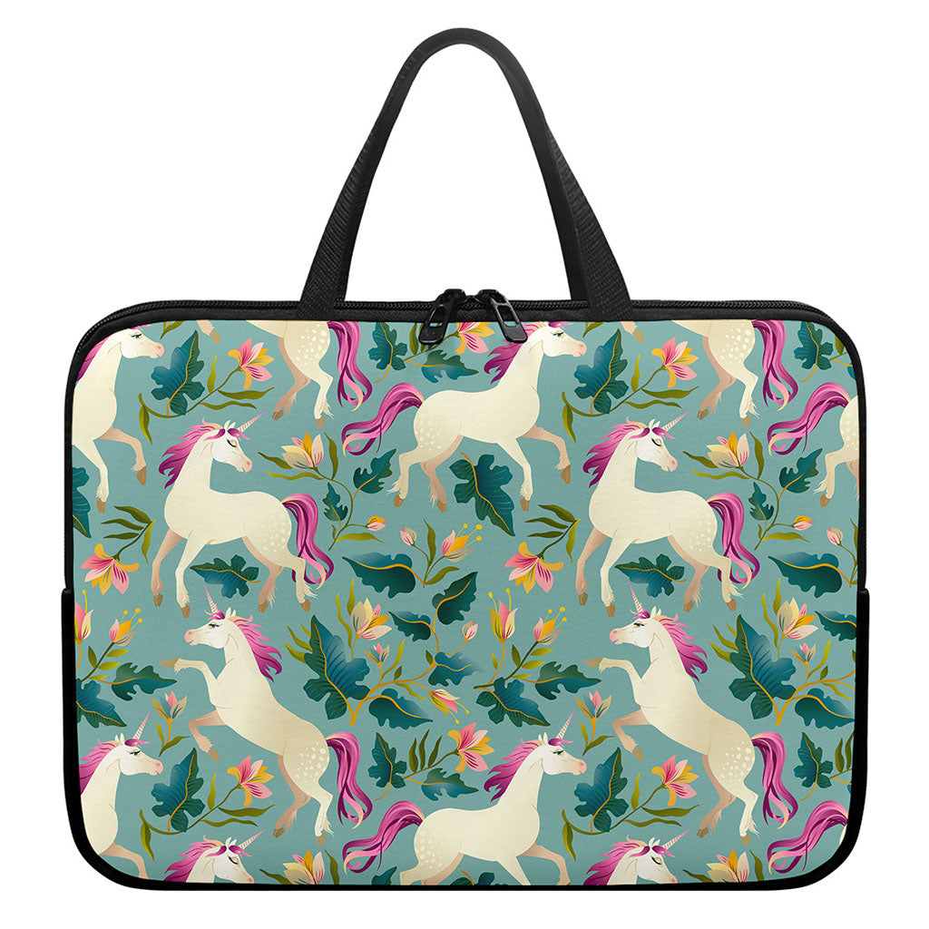 Floral Unicorn Pattern Print Laptop Sleeve With Handle
